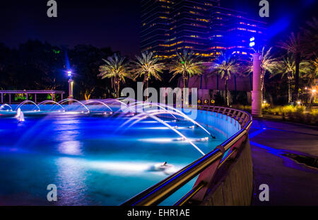 The Friendship Fountains and buildings at night in Jacksonville, Florida. Stock Photo