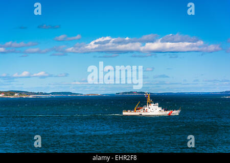 United States Coast Guard ship seen from Fort Williams Park, Cape Elizabeth, Maine. Stock Photo