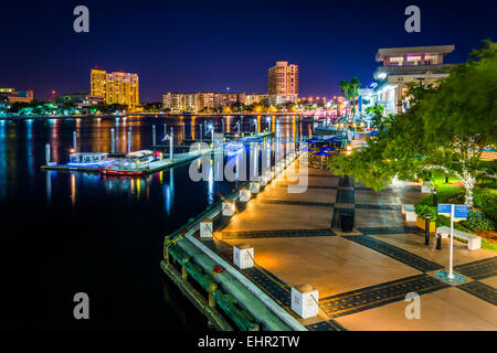 View of the Riverwalk at night in Tampa, Florida. Stock Photo