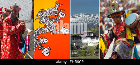 The Kingdom of Bhutan - Paro Tsechu, Flag of Bhutan, Paro Dzong, Paro Tsechu. Stock Photo