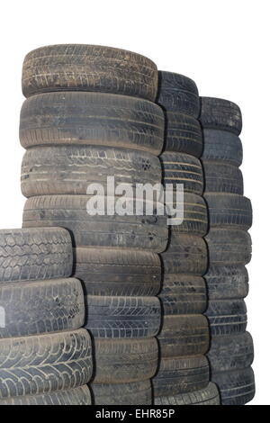 bunch of old used auto tires isolated over white background Stock Photo