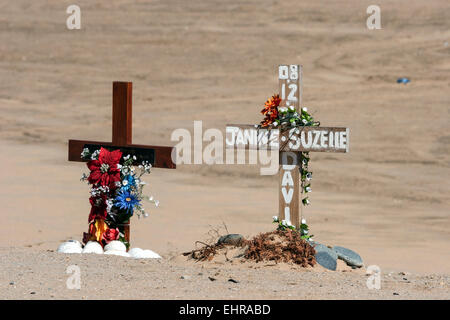 Wayside crosses, remembering traffic accident victims on road B2 between Swakopmund and Walvis Bay, Namibia Stock Photo