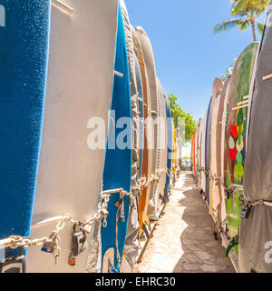 Surfboards lined up in the rack at famous Waikiki Beach in Honolulu. Oahu, Hawaii. Stock Photo