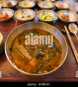 Asia, Republic of Korea, South Korea, Gyeongsangbuk-do, Gyeongju, Korean soup and side dishes Stock Photo
