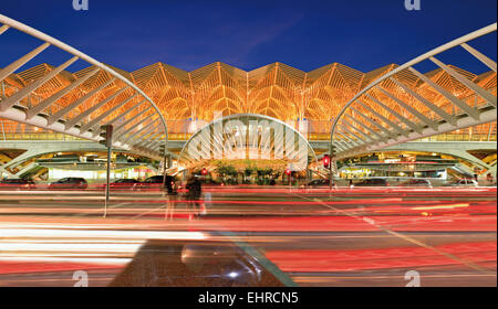 Portugal, Lisbon: Modern architecture of the train station Garé do Oriente by night Stock Photo