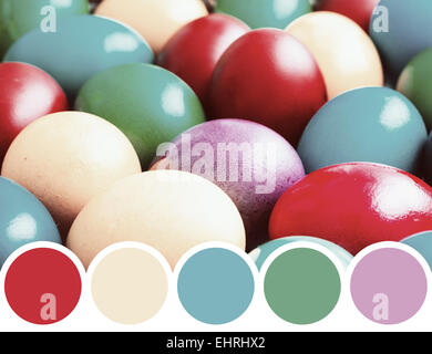 Color Palette Of Easter Eggs Pile In Basket Stock Photo