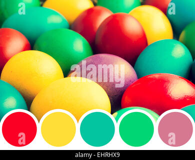 Color Palette Of Easter Eggs Pile In Basket Stock Photo