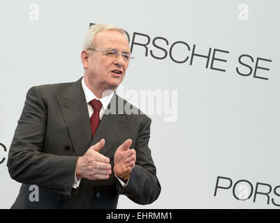 Stuttgart, Germany. 17th Mar, 2015. Chief Executive Officer of the Porsche SE Martin Winterkorn stands in front of the logo of the company during the balance press conference in Stuttgart, Germany, 17 March 2015. Photo: BERND WEISSBROD/dpa/Alamy Live News Stock Photo