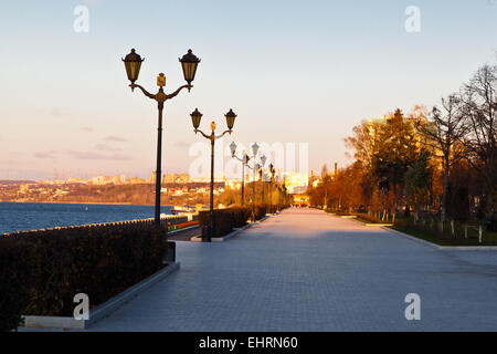 Row of Lampposts on Volga River Embankment in Samara, Russia Stock Photo