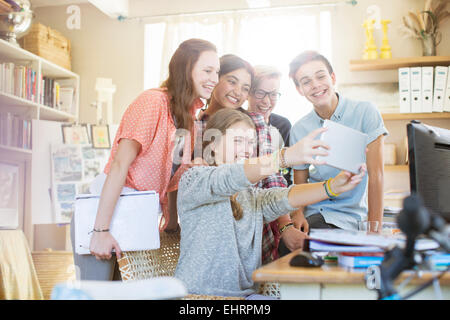 Group of teenagers taking selfie with digital tablet Stock Photo
