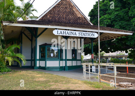 Lahaina Station, start of Sugar Cane Train railway which no longer runs, Lahaina, Maui, Hawaii, USA Stock Photo