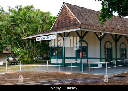 Lahaina Station, start of Sugar Cane Train railway which no longer runs, Lahaina, Maui, Hawaii, USA Stock Photo