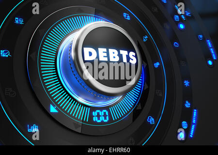 Debts Button with Glowing Blue Lights. Stock Photo