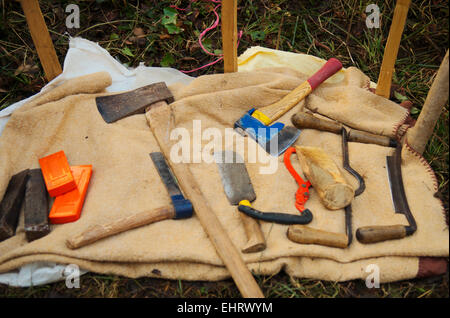 Tools used in hazel wattleing and other green woodworking crafts Stock Photo