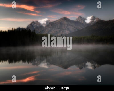 Herbert Lake with Mt. Temple reflection and sunrise. Banff National Park, Alberta, Canada Stock Photo