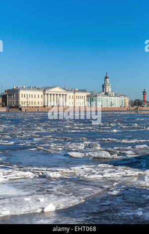 Winter landscape with floating ice on Neva river in St. Petersburg, Russia Stock Photo