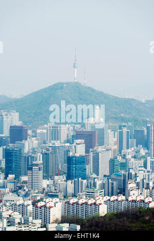 Asia, Republic of Korea, South Korea, Seoul, city view and N Seoul Tower from Mt Inwangsan Stock Photo