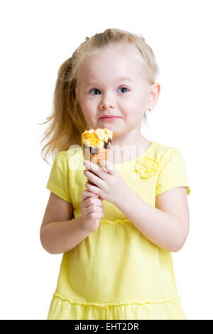 happy kid girl eating ice cream isolated Stock Photo