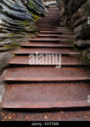 Stairs through narrow canyon. At Athebasca Falls. Jasper National Park, Alberta, Canada Stock Photo