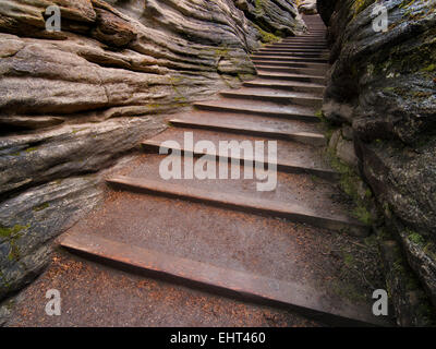 Stairs through narrow canyon. At Athebasca Falls. Jasper National Park, Alberta, Canada Stock Photo