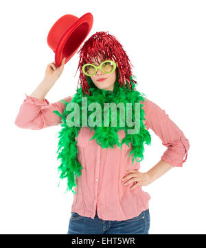 Woman in carnival costume with wig and bowler, isolated over white Stock Photo