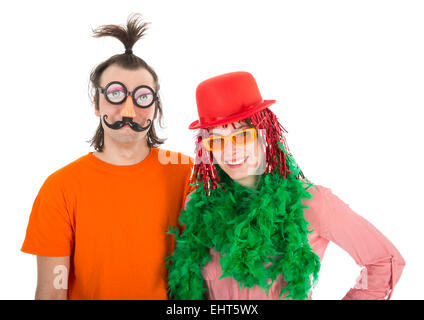 Man and Woman dressed in funny carnival costumes, isolated over white Stock Photo