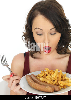 Young Happy Confident Woman Eating Fresh Shop Bought Takeaway Jumbo Pork Sausages And Chips Meal Isolated Against A White Background Clipping Path Stock Photo