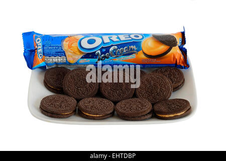 oreo ice cream flavoured biscuits from indonesia isolated on a white background Stock Photo