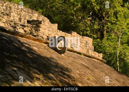 Carved stone hoop at Great Ball Court, Coba, Mexico Stock Photo