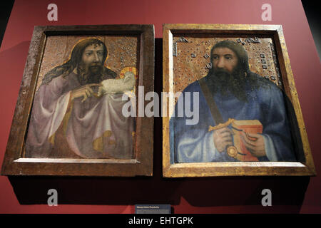 Saint John the Baptist (L) and Saint Simon the Zealot (R). Paintings by Master Theoderic from the Chapel of the Holy Cross in Karlstejn Castle, Czech Republic. Exhibition 'Castles and Chateaux: Rediscovered and Celebrated' at the Prague Castle Riding School in Prague, Czech Republic. Stock Photo