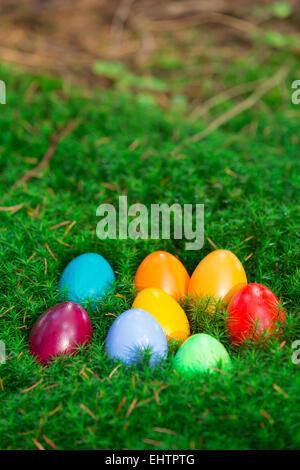 coloured easter eggs in moss Stock Photo