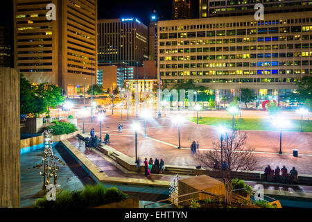 McKeldin Square at night in downtown Baltimore, Maryland. Stock Photo