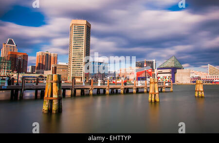 Mid-day long exposure of the Baltimore Inner Harbor Skyline Stock Photo