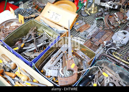 Old tools and hardware on the flea market. Stock Photo