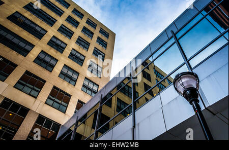 Streetlamp and elevated walkway in downtown Baltimore, Maryland. Stock Photo