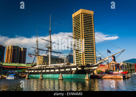 The USS Constellation and buildings at the Inner Harbor in Baltimore, Maryland. Stock Photo