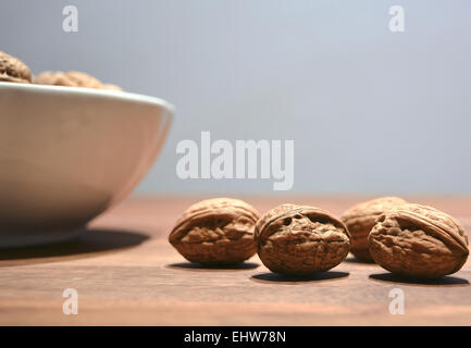 Walnuts on a table Stock Photo
