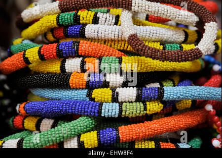 Collection of Zulu beadwork necklaces tourist souvenirs for sale Durban South Africa Stock Photo