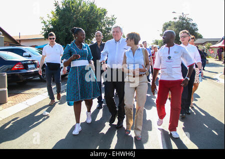Minister-President of the German state of Hesse, Volker Bouffier (3rd L, front) is walking in Vilakazi Street with his wife Ursula (4th L) and their guide Mathabo Mmatladib (2nd left)during their visit in Soweto, South Africa, on 15 March 2015. Photo: Miora Rajaonary/ dpa Stock Photo
