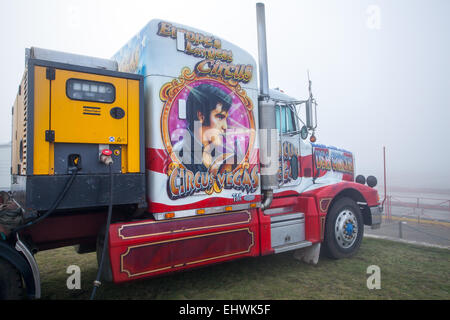 Uncle Sam's American Circus, Custom Painted truck and cab from  USA Peterbilt Trucks in Southport, Merseyside, UK March, 2015.    The all-human circus spectacular, owned by Show Directors John Courtney and Stephen Courtney trading as Circus Vegas has arrived in Southport. The travelling show produced by the famous Uncle Sam's Great American Circus tours for ten months a year.  It is an Irish organisation, a star-spangled selection of Americana. US, Kenworth heavy-duty vehicles and Peterbilt HGV art monster decorated trucks look the part when they roll into town, Stock Photo