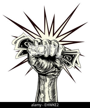An original illustration of a dynamic fist holding money in a vintage wood cut propaganda style Stock Photo