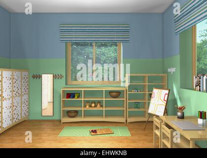 Kids’ room inspired by Maria Montessori. 3D top view design. Toddlers’ room Stock Photo