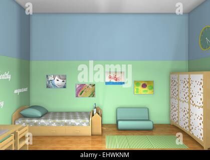 Kids’ room inspired by Maria Montessori. 3D top view design. Toddlers’ room Stock Photo