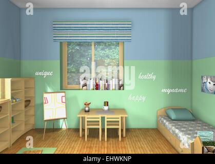 Kids’ room inspired by Maria Montessori, 3D top view design. Toddlers’ room Stock Photo