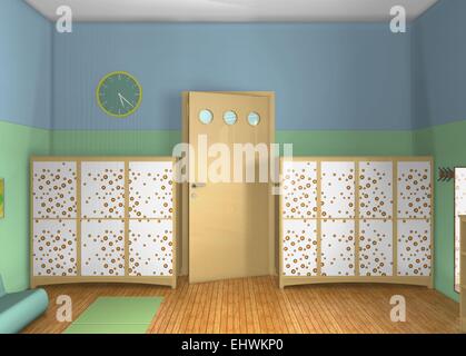 Kids’ room inspired by Maria Montessori. 3D top view design. Toddlers’ room Stock Photo