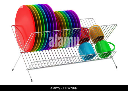 plate rack with multicolor tableware isolated on white background Stock Photo