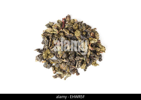 Heap of traditional Chinese green oolong tea isolated on white background, top view, selective focus Stock Photo