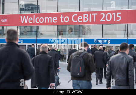Hanover, Germany. 17th Mar, 2015. Visitors arrive at the fair halls for the computer and electronics fair 'CeBIT 2015' in Hanover, Germany, 17 March 2015. Photo: Ole Spata/dpa/Alamy Live News Stock Photo