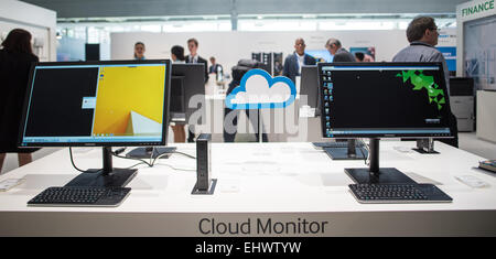 Cloud  monitors are on display at the fair stand of Samsung during the computer and electronics fair 'CeBIT 2015' in Hanover, Germany, 17 March 2015. The CeBIT 2015 continues until 20 March 2015. Photo: Ole Spata/dpa Stock Photo