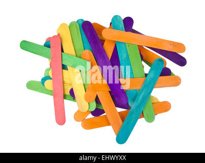 Bunch of colourful popsicle sticks for arts and crafts on white background Stock Photo